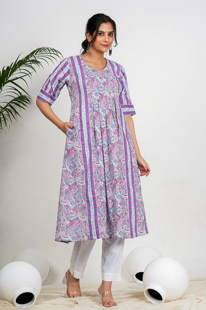 Purple Paisley Print Anarkali Cotton Kurta