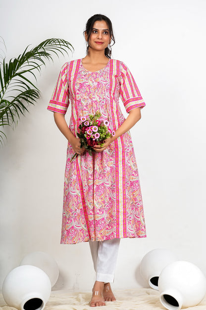 Pink Paisley Print Anarkali Cotton Kurta