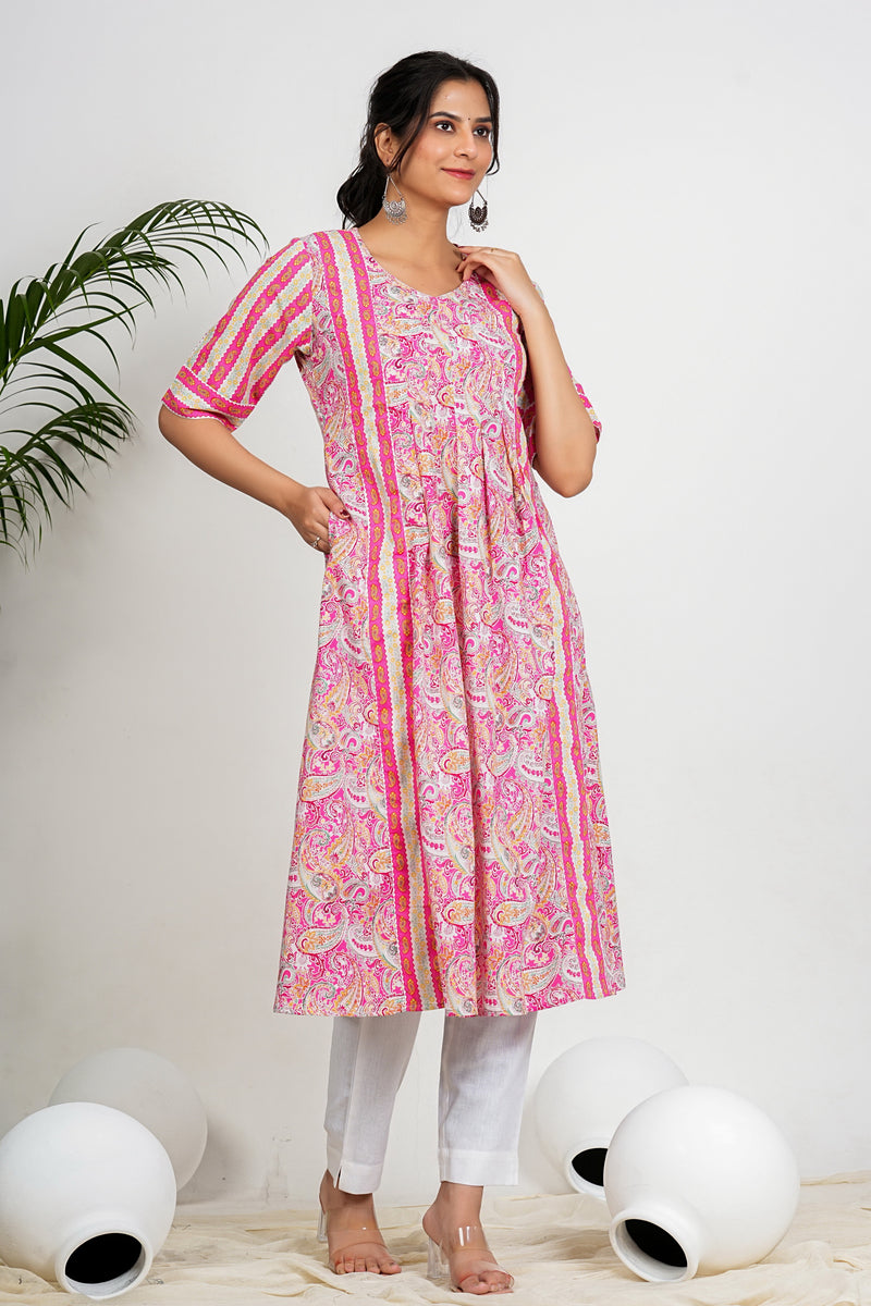 Pink Paisley Print Anarkali Cotton Kurta