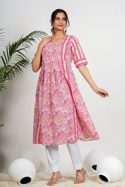 Pink Paisley Print Anarkali Cotton Kurta