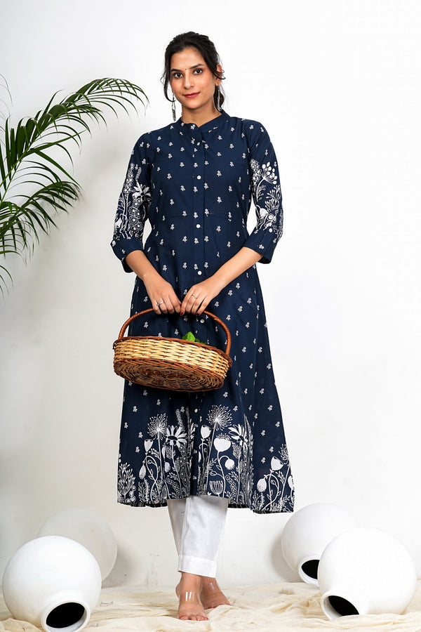 Navy Blue Floral Print A-Line Cotton Kurta