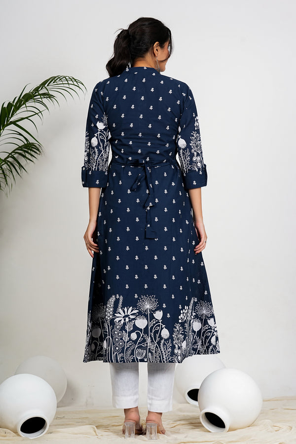 Navy Blue Floral Print A-Line Cotton Kurta