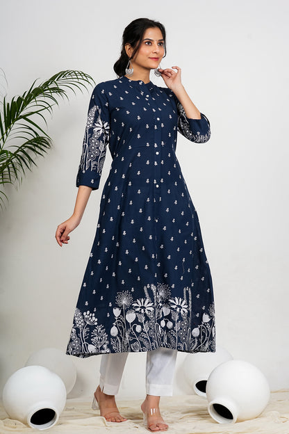 Navy Blue Floral Print A-Line Cotton Kurta