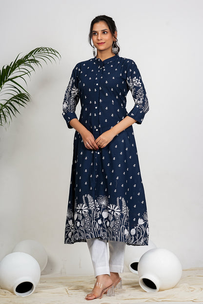 Navy Blue Floral Print A-Line Cotton Kurta