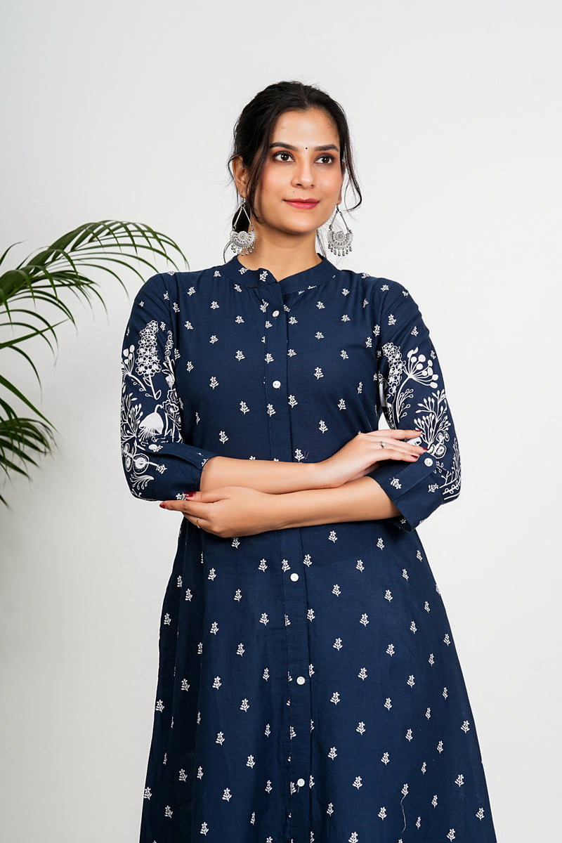 Navy Blue Floral Print A-Line Cotton Kurta