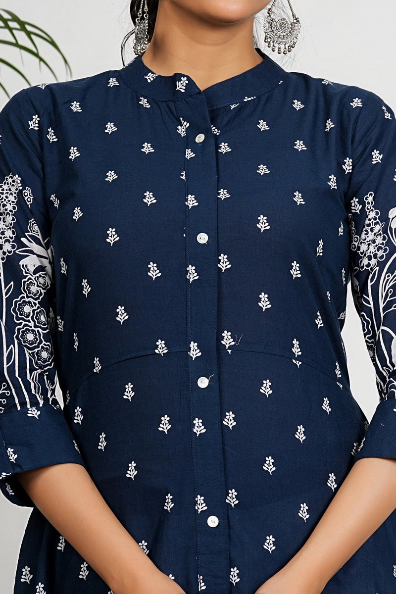 Navy Blue Floral Print A-Line Cotton Kurta