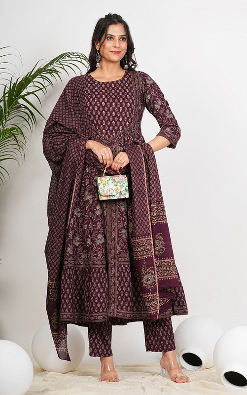 Wine Floral Print With Ruffled Anarkali Cotton Kurta Set