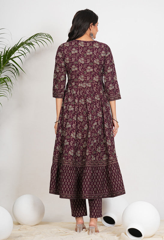 Wine Floral Print With Ruffled Anarkali Cotton Kurta Set