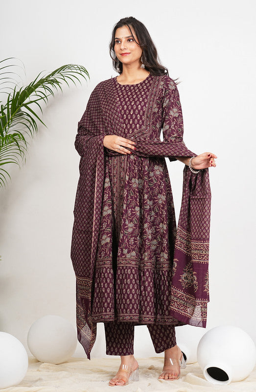 Wine Floral Print With Ruffled Anarkali Cotton Kurta Set