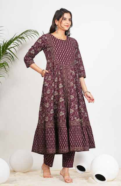 Wine Floral Print With Ruffled Anarkali Cotton Kurta Set