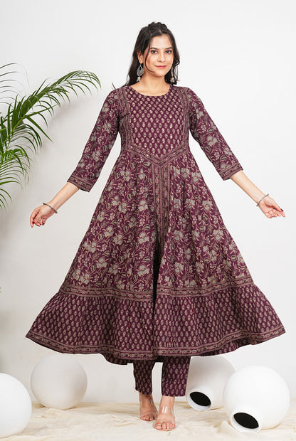 Wine Floral Print With Ruffled Anarkali Cotton Kurta Set