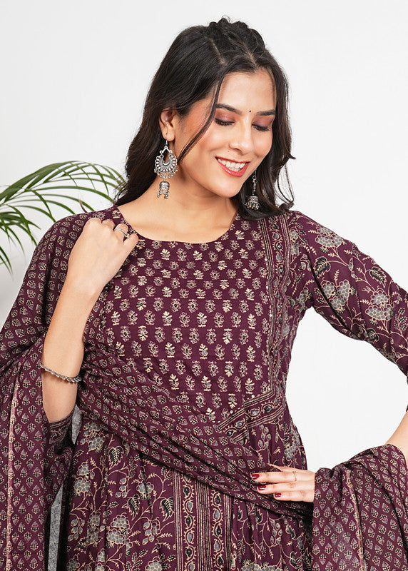 Wine Floral Print With Ruffled Anarkali Cotton Kurta Set