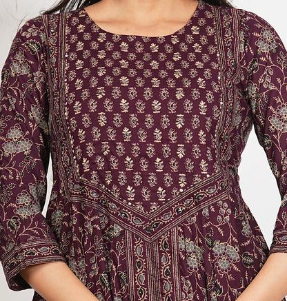 Wine Floral Print With Ruffled Anarkali Cotton Kurta Set