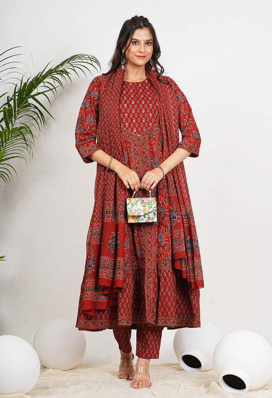 Maroon Floral Print With Ruffled Anarkali Cotton Stitched Kurta Set