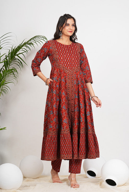 Maroon Floral Print With Ruffled Anarkali Cotton Stitched Kurta Set