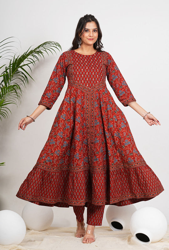 Maroon Floral Print With Ruffled Anarkali Cotton Stitched Kurta Set