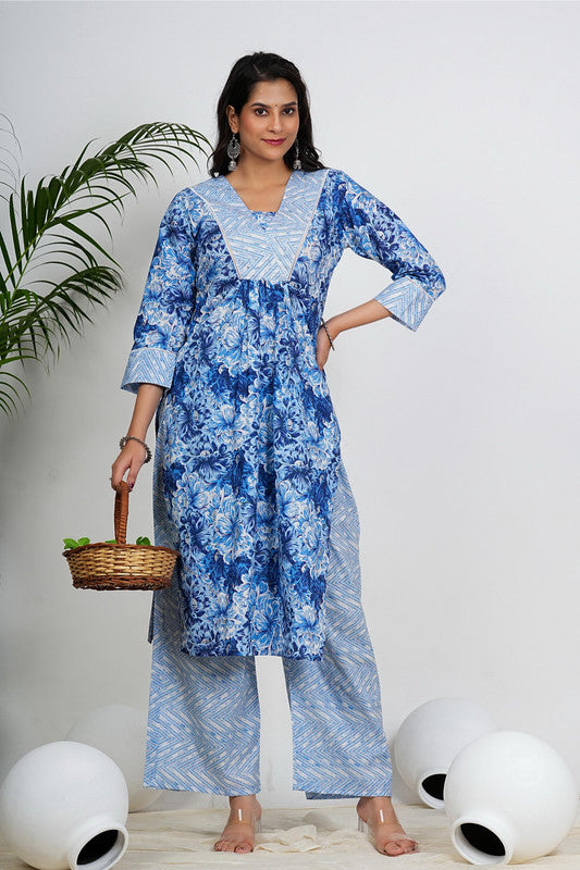 Blue Floral Print Straight Cotton Kurta With Palazzo