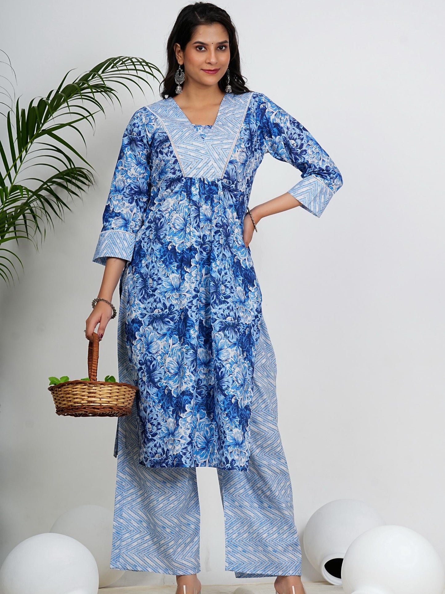 Blue Floral Print Straight Cotton Kurta With Palazzo