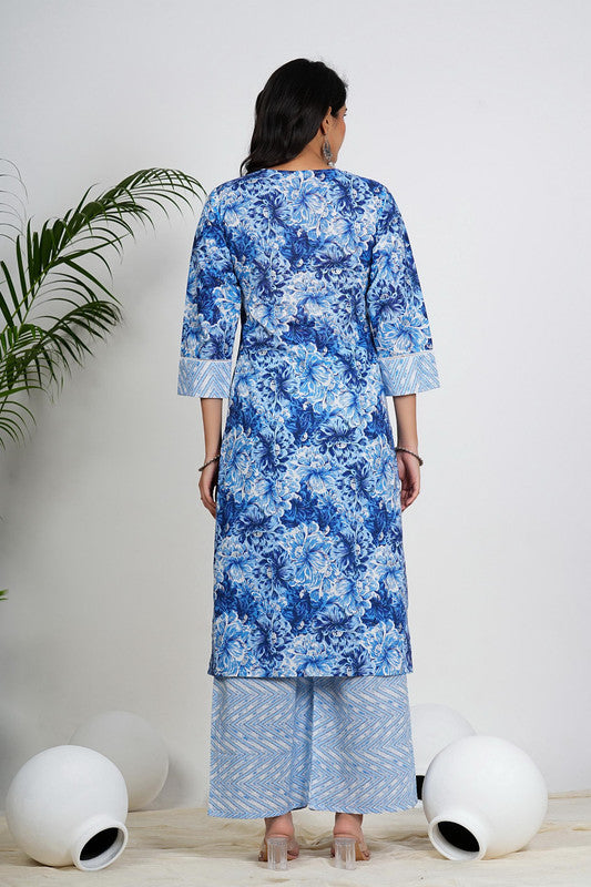 Blue Floral Print Straight Cotton Kurta With Palazzo