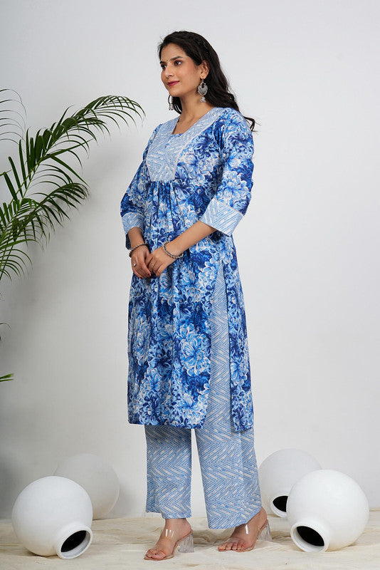 Blue Floral Print Straight Cotton Kurta With Palazzo