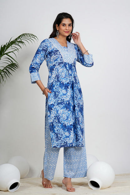 Blue Floral Print Straight Cotton Kurta With Palazzo