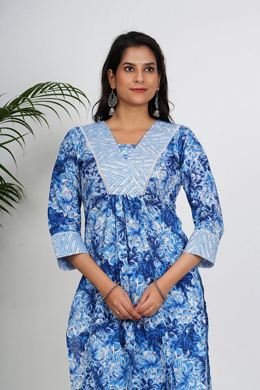 Blue Floral Print Straight Cotton Kurta With Palazzo