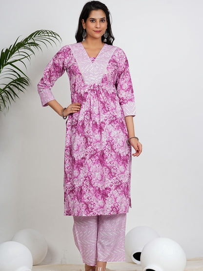 Pink Floral Print Straight Cotton Stitched Kurta With Palazzo