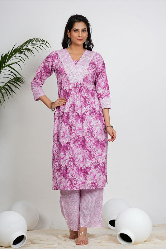 Blue Floral Print Straight Cotton Stitched Kurta With Palazzo