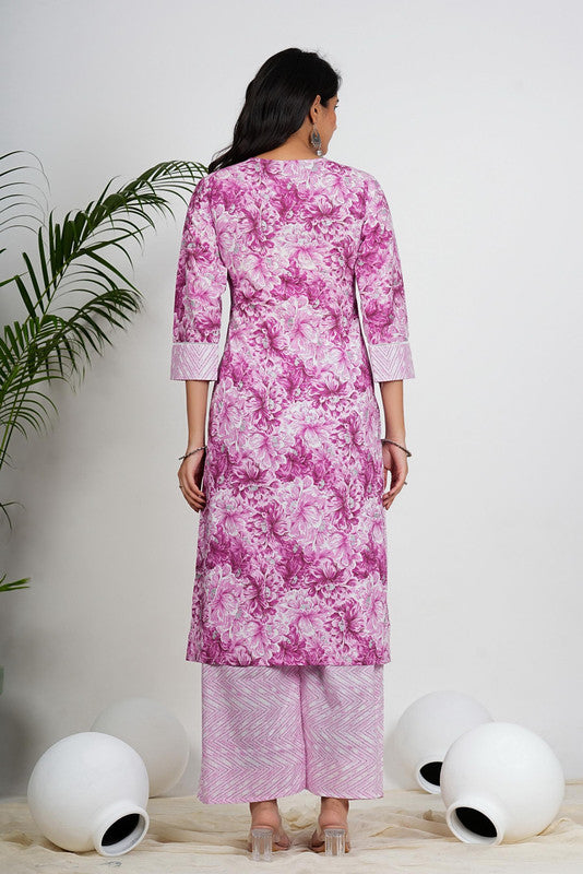 Pink Floral Print Straight Cotton Stitched Kurta With Palazzo