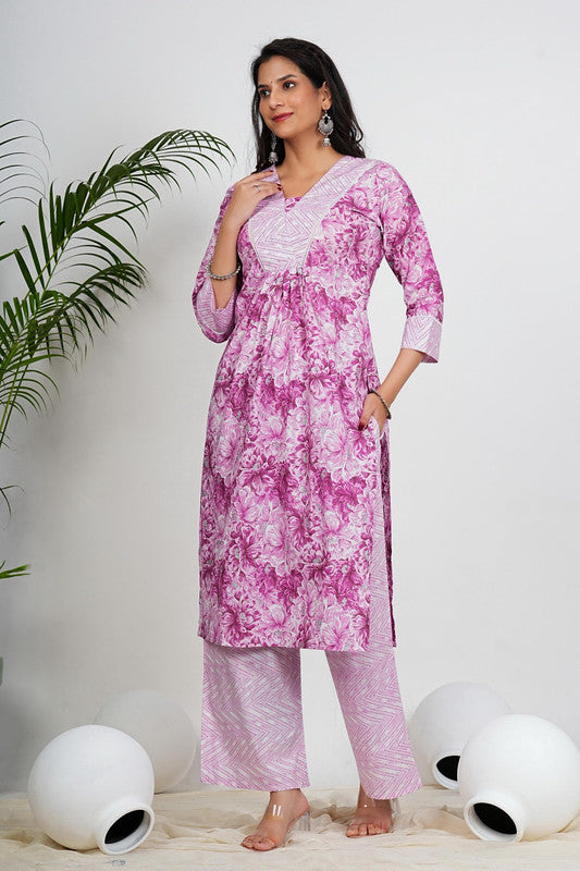 Pink Floral Print Straight Cotton Stitched Kurta With Palazzo