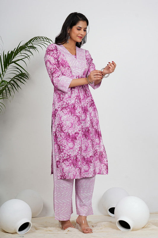 Pink Floral Print Straight Cotton Stitched Kurta With Palazzo