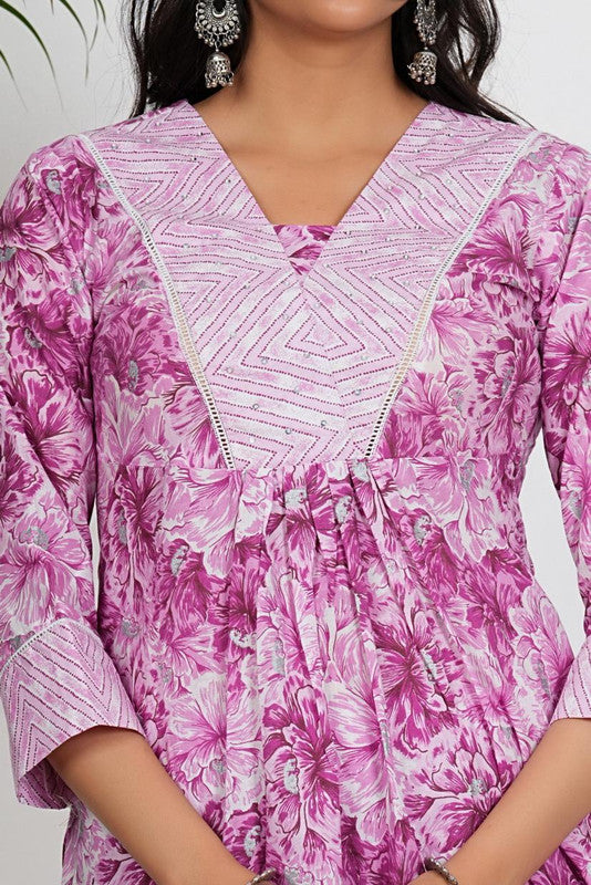 Pink Floral Print Straight Cotton Stitched Kurta With Palazzo