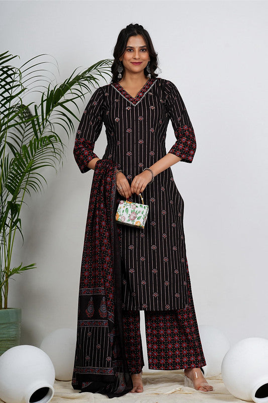 Black Floral Print With Striped Straight Cotton Stitched Kurta Set