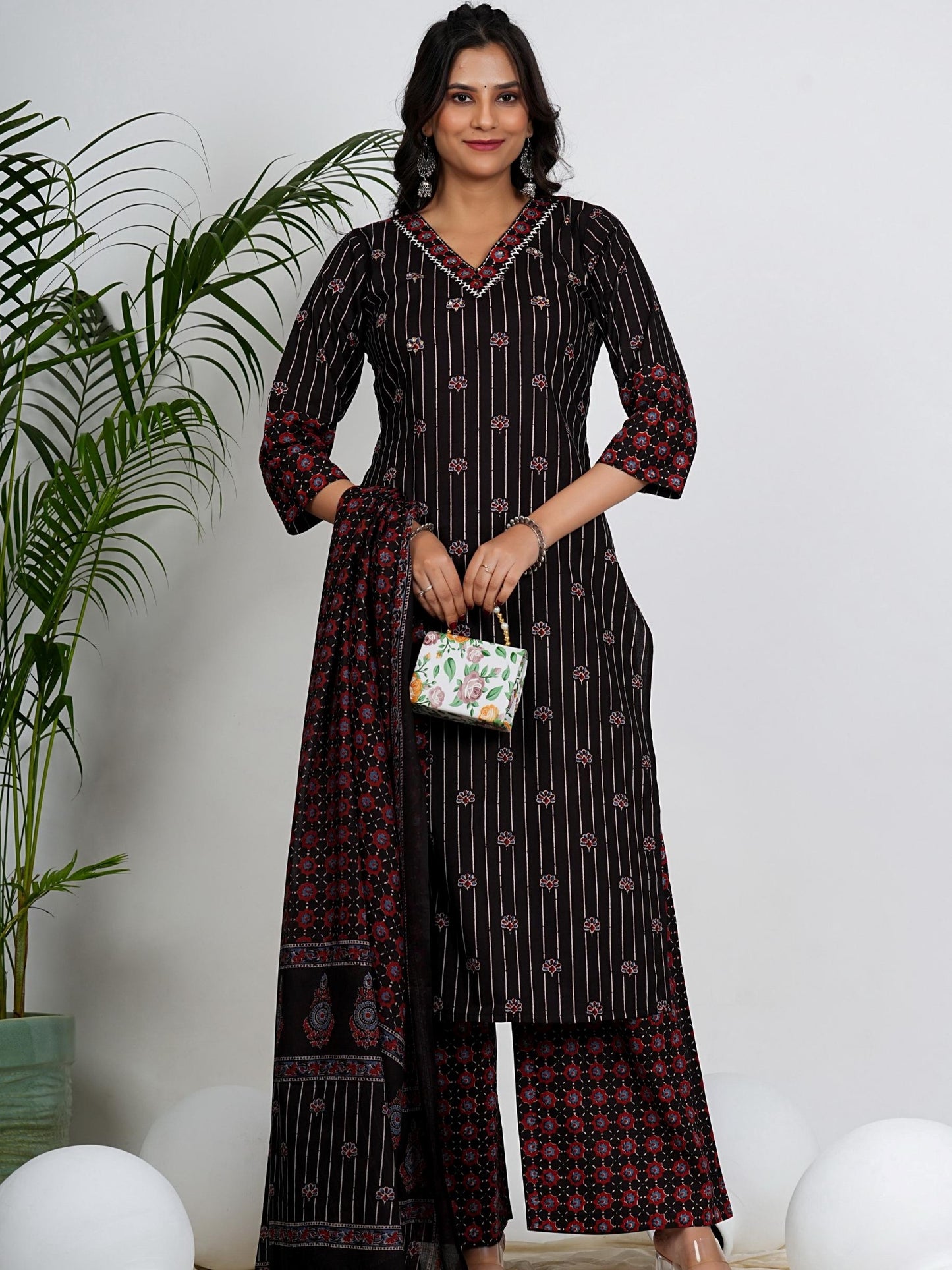 Black Floral Print With Striped Straight Cotton Stitched Kurta Set