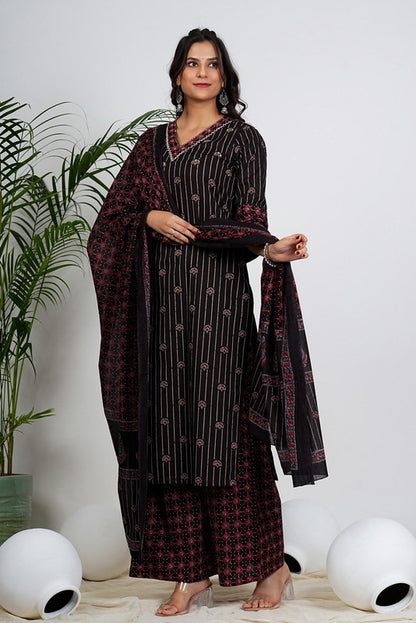 Black Floral Print With Striped Straight Cotton Stitched Kurta Set