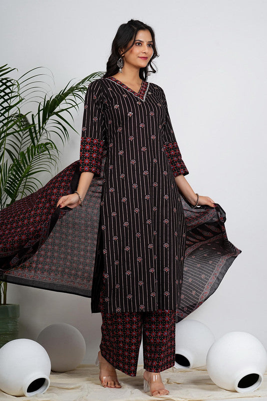 Black Floral Print With Striped Straight Cotton Stitched Kurta Set