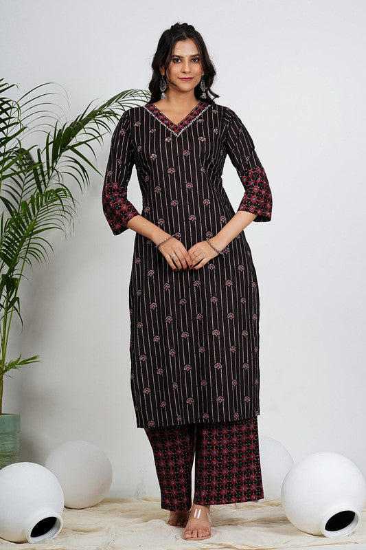 Black Floral Print With Striped Straight Cotton Stitched Kurta Set