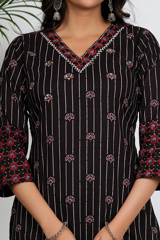 Black Floral Print With Striped Straight Cotton Stitched Kurta Set