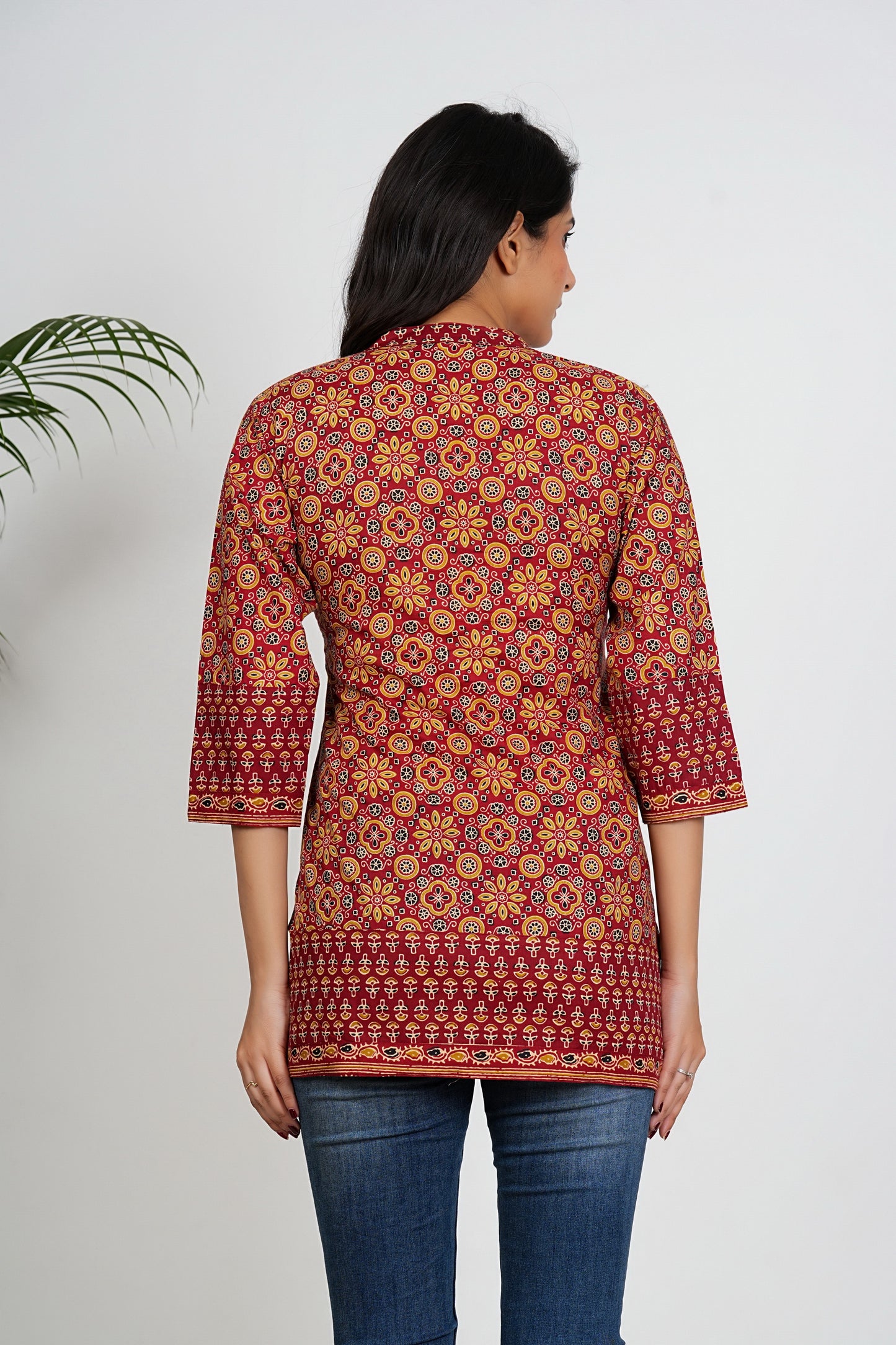 Maroon Color Geometric Printed Straight Cotton Tunic