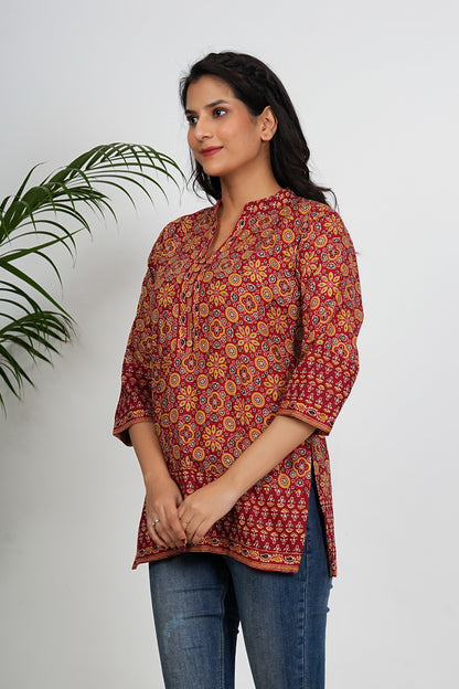 Maroon Color Geometric Printed Straight Cotton Tunic