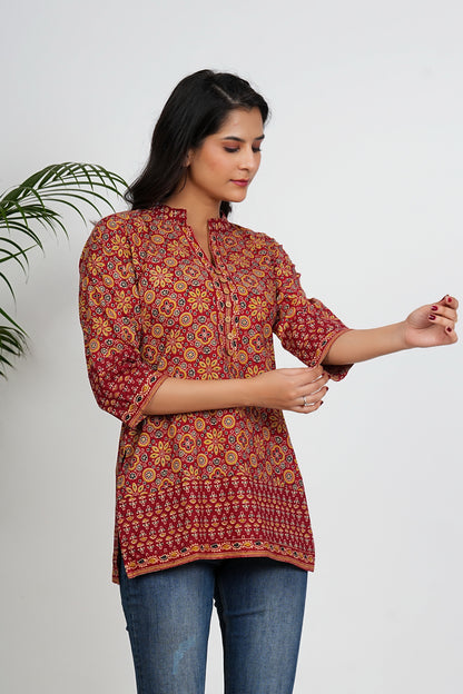 Maroon Color Geometric Printed Straight Cotton Tunic