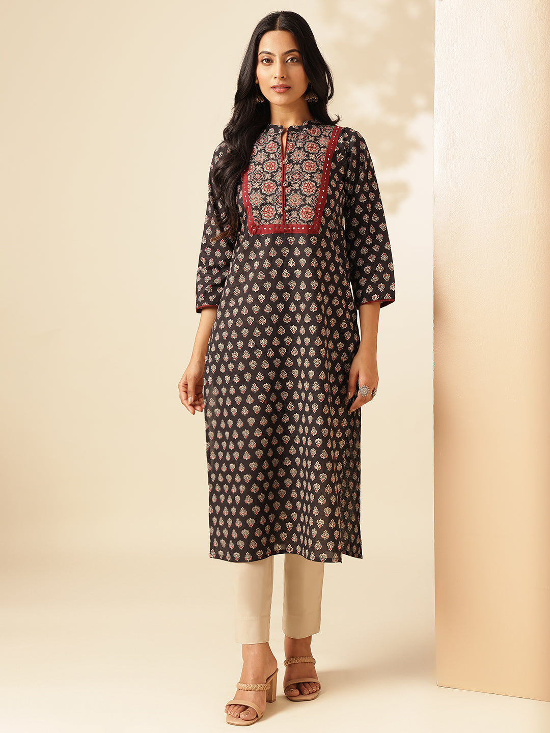 Black Floral Printed Straight Cotton Kurta