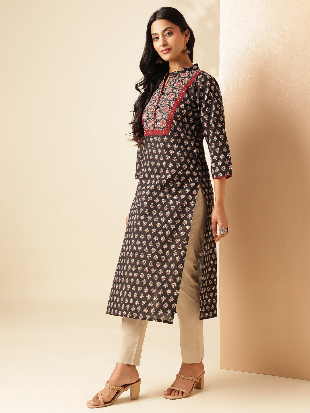 Black Floral Printed Straight Cotton Kurta