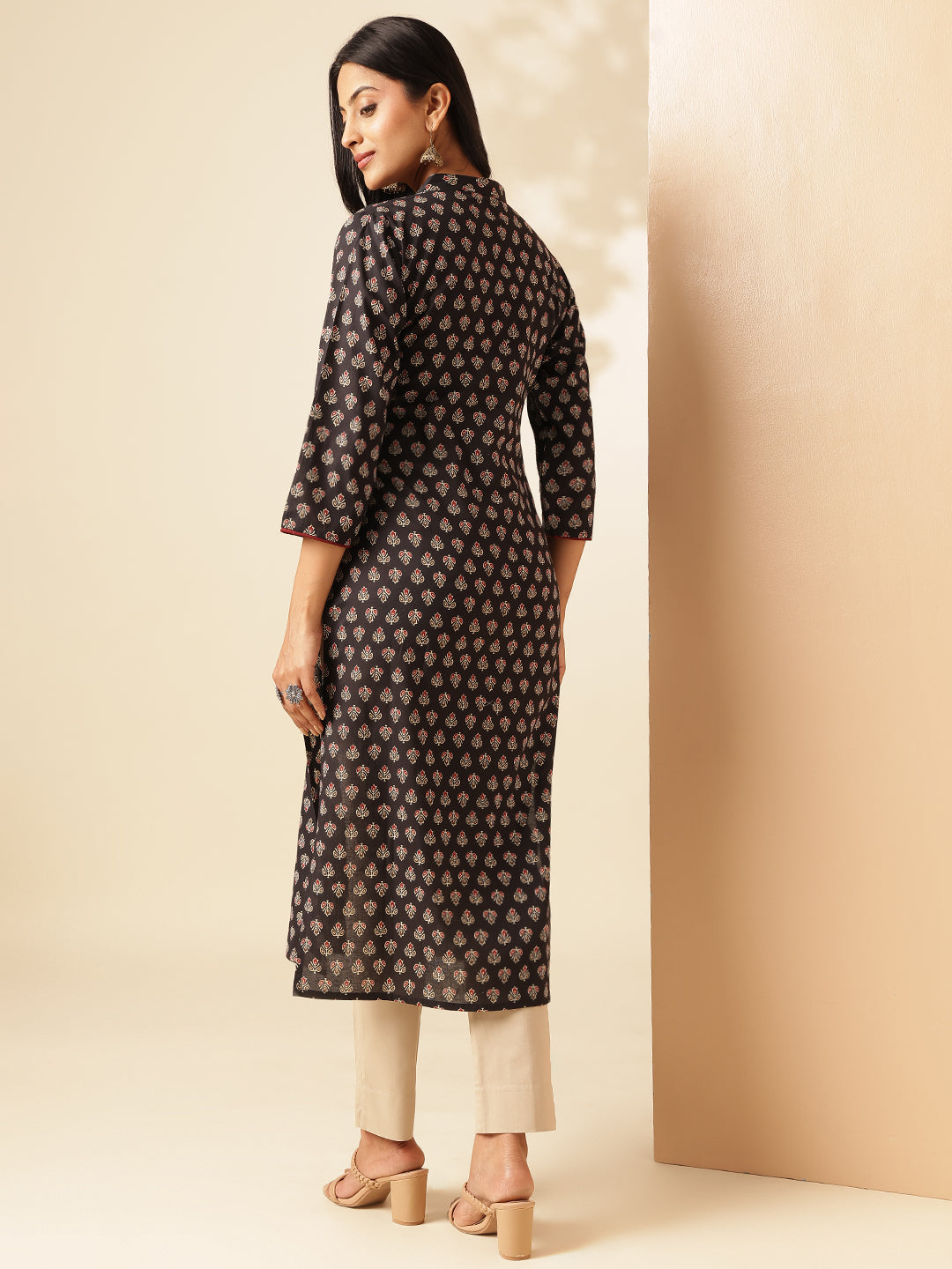 Black Floral Printed Straight Cotton Kurta