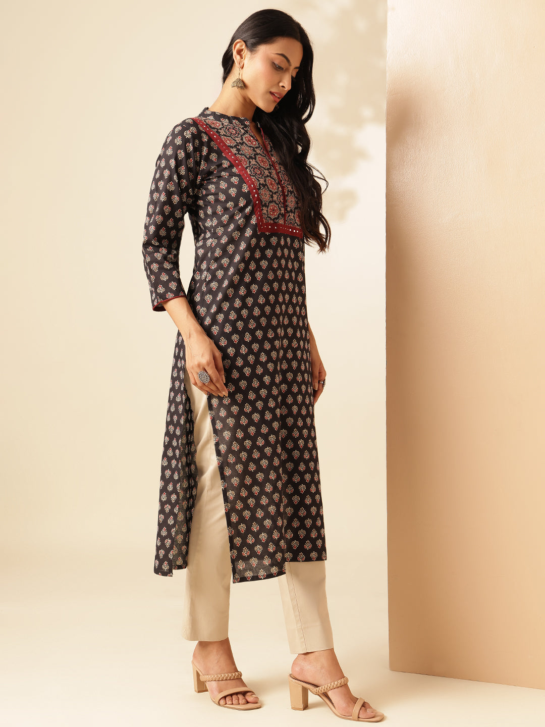 Black Floral Printed Straight Cotton Kurta