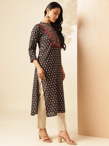 Black Floral Printed Straight Cotton Kurta