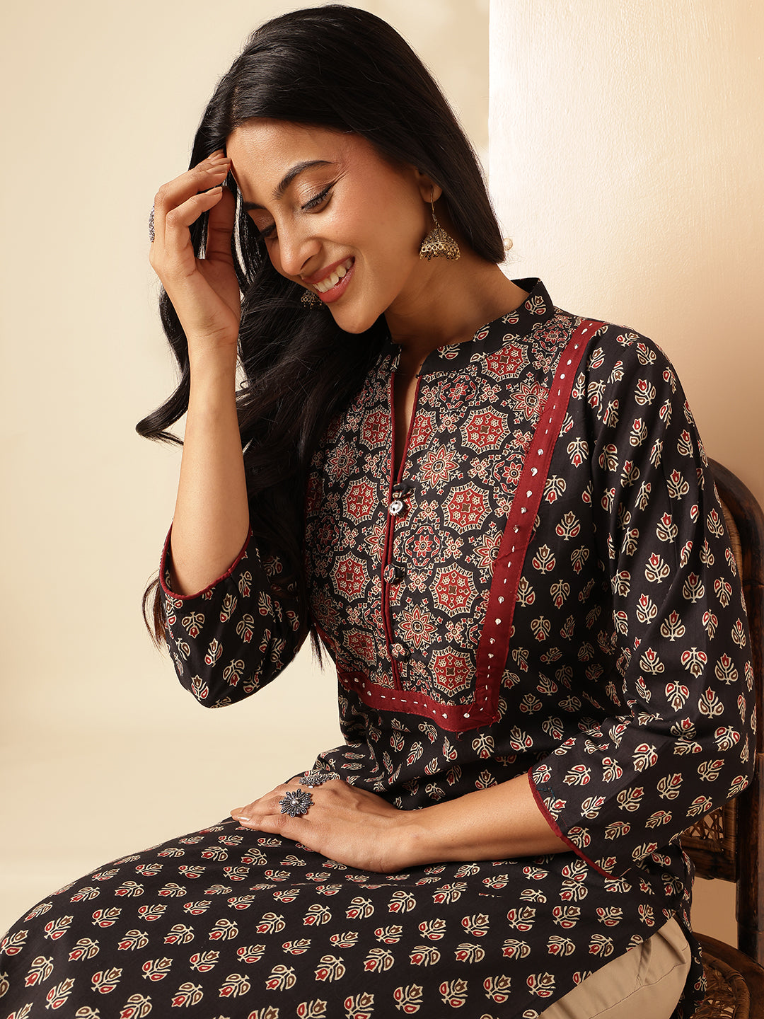 Black Floral Printed Straight Cotton Kurta