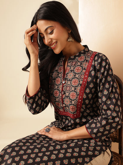 Black Floral Printed Straight Cotton Kurta