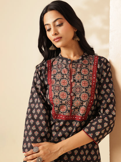 Black Floral Printed Straight Cotton Kurta