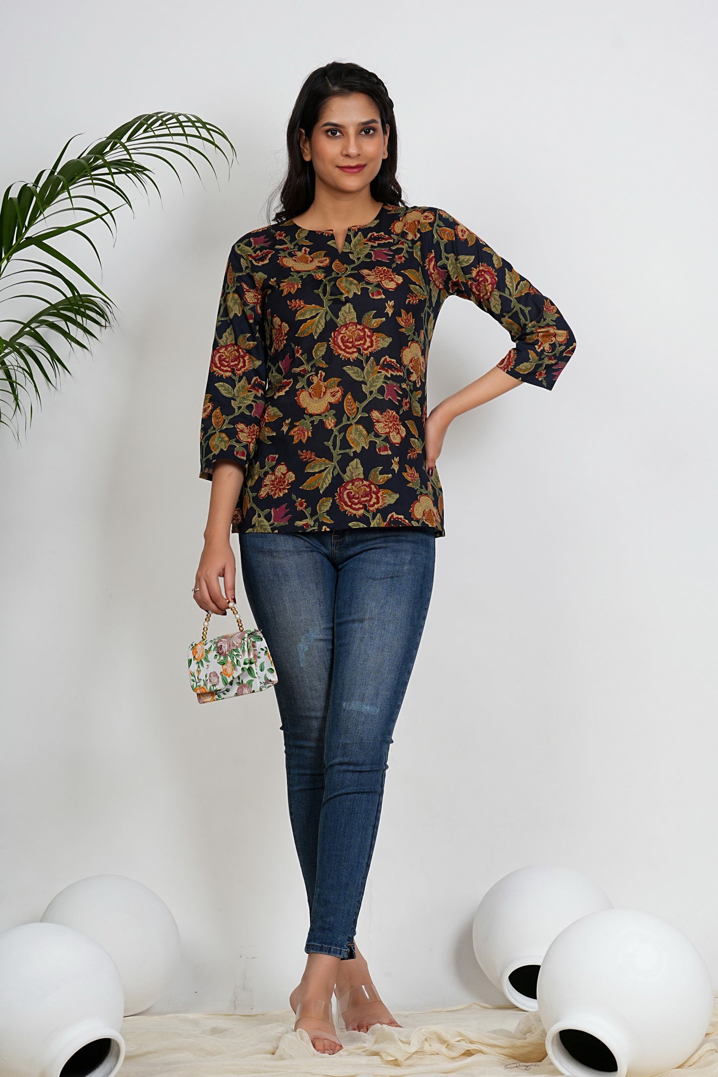 Blue Color Floral Printed Straight Cotton Tunic